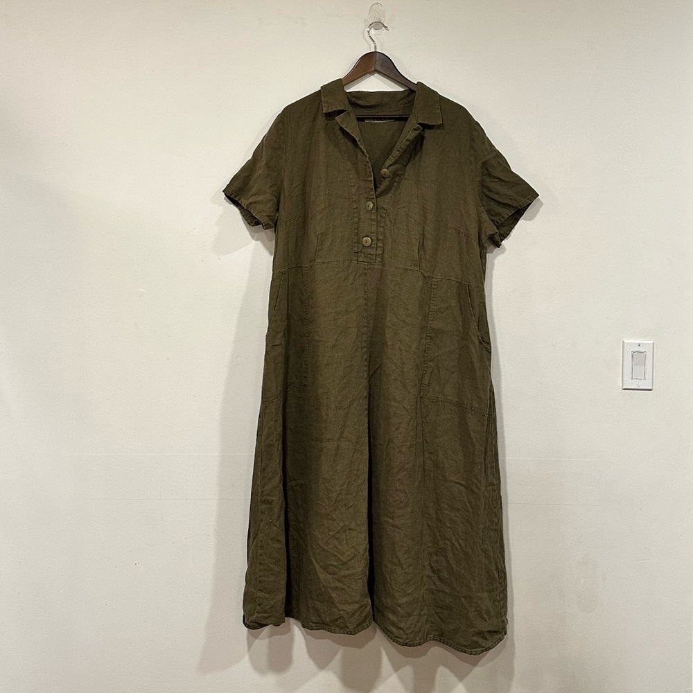FLAX Linen Dress, Olive Green